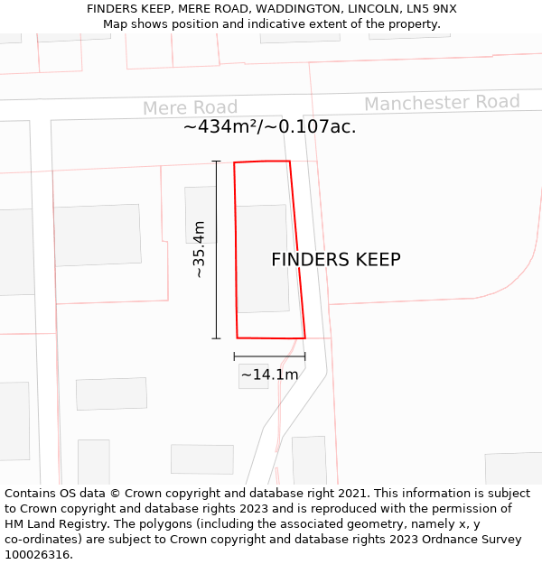 FINDERS KEEP, MERE ROAD, WADDINGTON, LINCOLN, LN5 9NX: Plot and title map