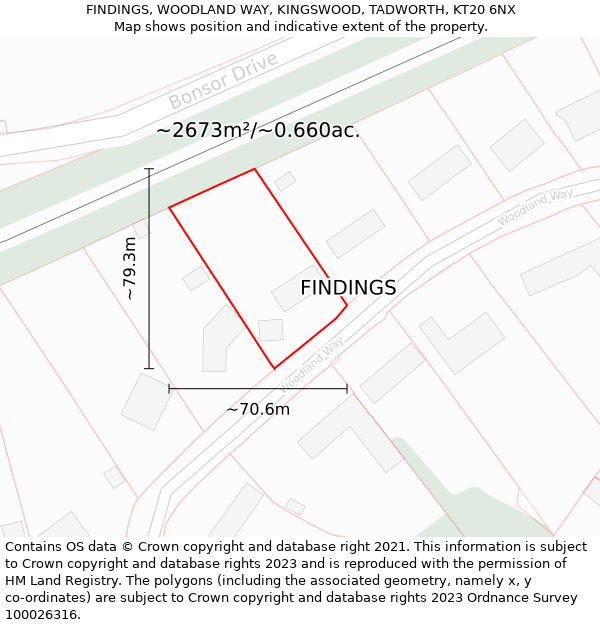 FINDINGS, WOODLAND WAY, KINGSWOOD, TADWORTH, KT20 6NX: Plot and title map