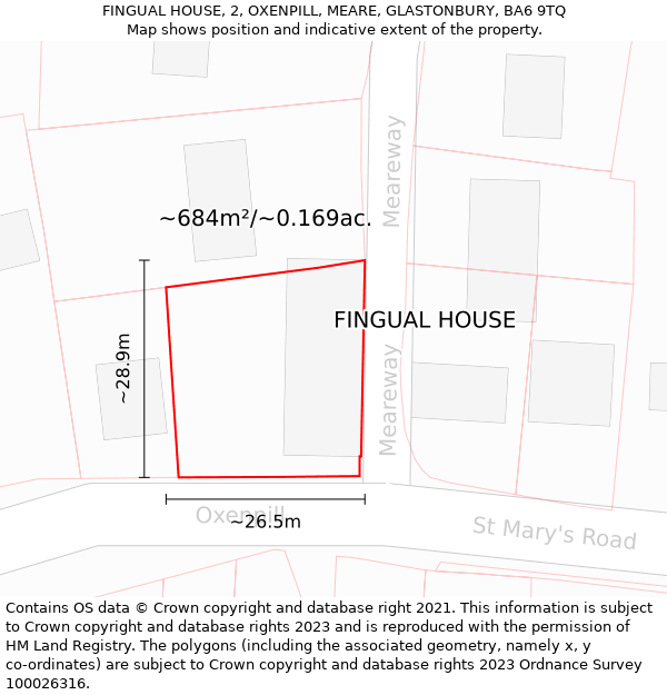 FINGUAL HOUSE, 2, OXENPILL, MEARE, GLASTONBURY, BA6 9TQ: Plot and title map