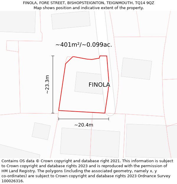 FINOLA, FORE STREET, BISHOPSTEIGNTON, TEIGNMOUTH, TQ14 9QZ: Plot and title map