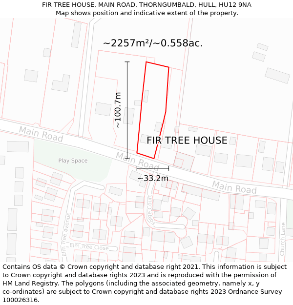FIR TREE HOUSE, MAIN ROAD, THORNGUMBALD, HULL, HU12 9NA: Plot and title map