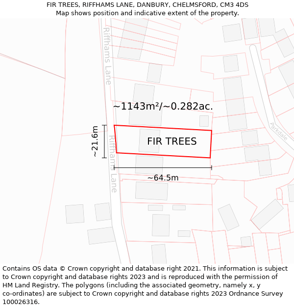 FIR TREES, RIFFHAMS LANE, DANBURY, CHELMSFORD, CM3 4DS: Plot and title map