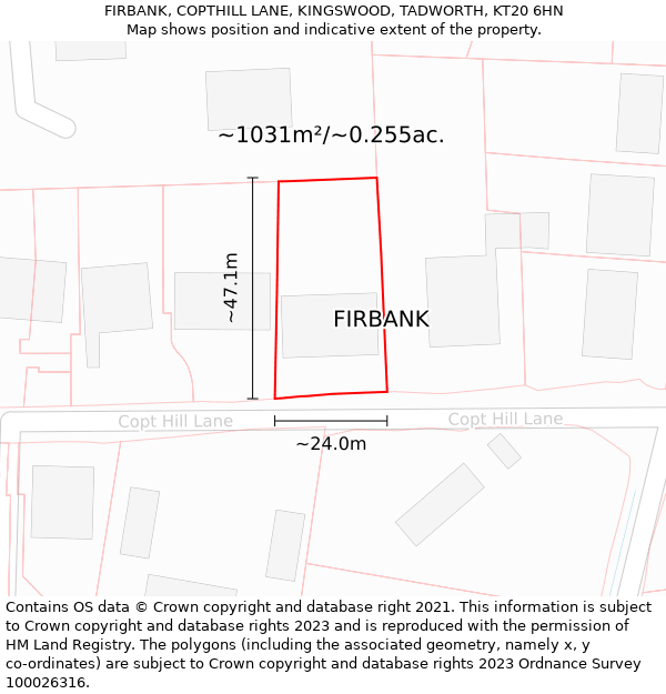 FIRBANK, COPTHILL LANE, KINGSWOOD, TADWORTH, KT20 6HN: Plot and title map