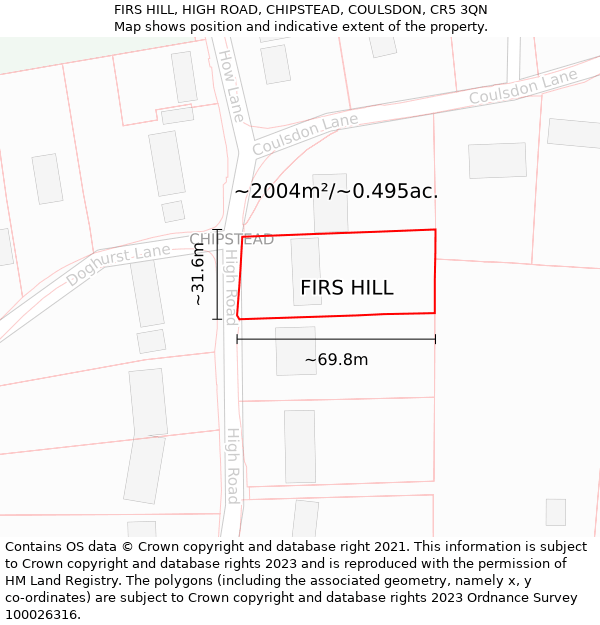 FIRS HILL, HIGH ROAD, CHIPSTEAD, COULSDON, CR5 3QN: Plot and title map