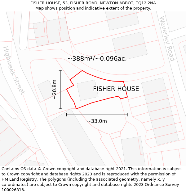 FISHER HOUSE, 53, FISHER ROAD, NEWTON ABBOT, TQ12 2NA: Plot and title map