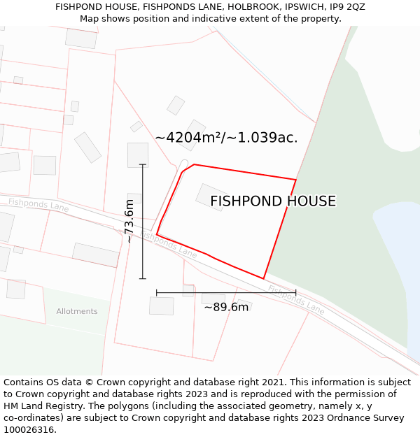 FISHPOND HOUSE, FISHPONDS LANE, HOLBROOK, IPSWICH, IP9 2QZ: Plot and title map