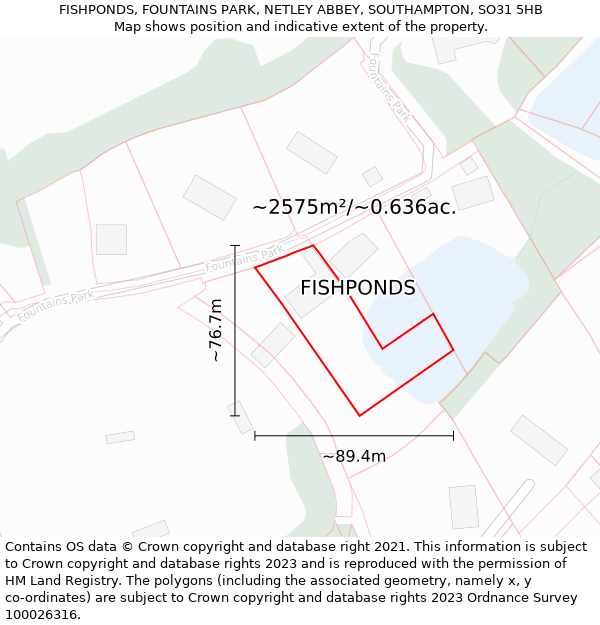 FISHPONDS, FOUNTAINS PARK, NETLEY ABBEY, SOUTHAMPTON, SO31 5HB: Plot and title map