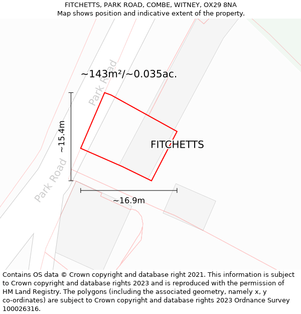 FITCHETTS, PARK ROAD, COMBE, WITNEY, OX29 8NA: Plot and title map