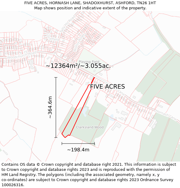 FIVE ACRES, HORNASH LANE, SHADOXHURST, ASHFORD, TN26 1HT: Plot and title map