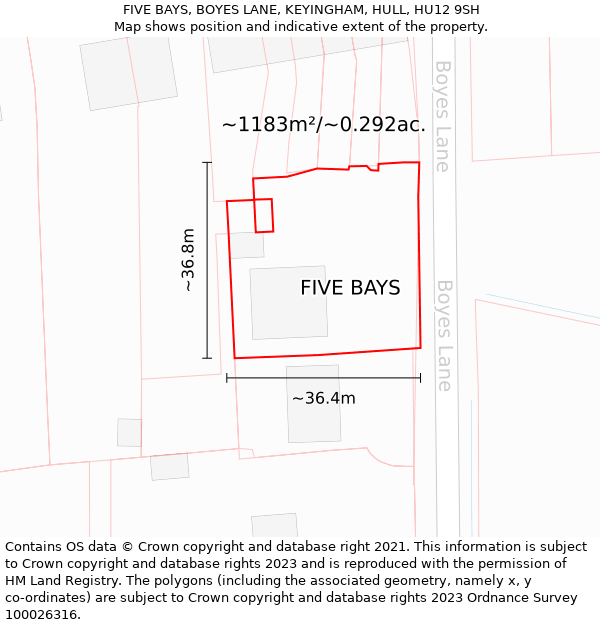 FIVE BAYS, BOYES LANE, KEYINGHAM, HULL, HU12 9SH: Plot and title map