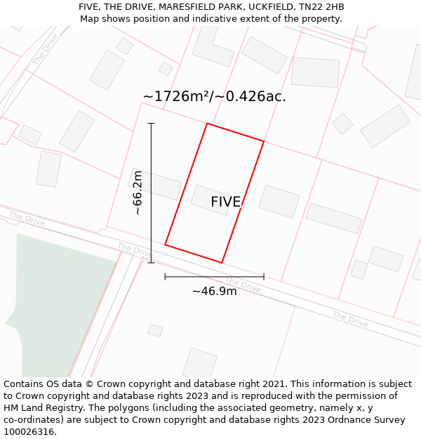FIVE, THE DRIVE, MARESFIELD PARK, UCKFIELD, TN22 2HB: Plot and title map