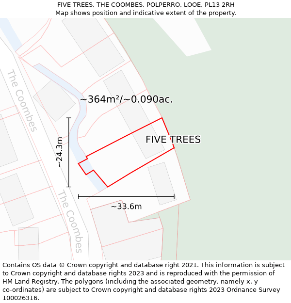 FIVE TREES, THE COOMBES, POLPERRO, LOOE, PL13 2RH: Plot and title map