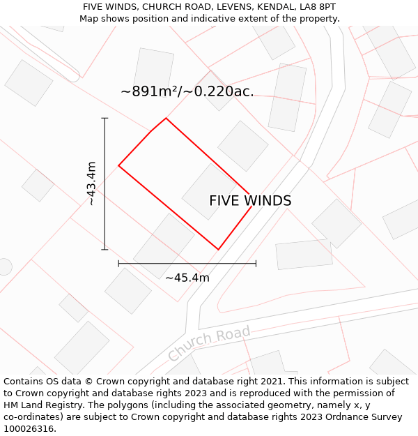 FIVE WINDS, CHURCH ROAD, LEVENS, KENDAL, LA8 8PT: Plot and title map