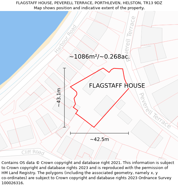FLAGSTAFF HOUSE, PEVERELL TERRACE, PORTHLEVEN, HELSTON, TR13 9DZ: Plot and title map