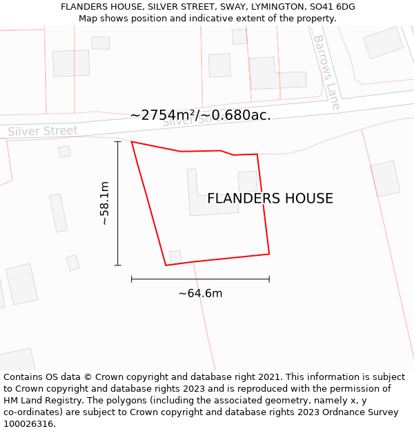 FLANDERS HOUSE, SILVER STREET, SWAY, LYMINGTON, SO41 6DG: Plot and title map