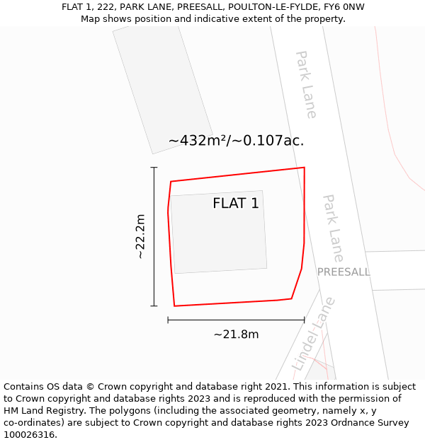 FLAT 1, 222, PARK LANE, PREESALL, POULTON-LE-FYLDE, FY6 0NW: Plot and title map