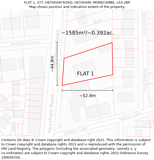 FLAT 1, 377, HEYSHAM ROAD, HEYSHAM, MORECAMBE, LA3 2BP: Plot and title map