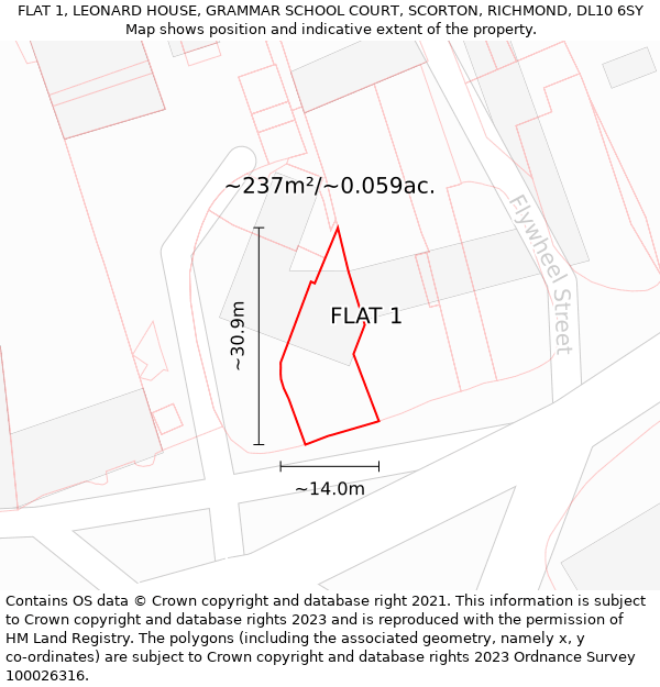 FLAT 1, LEONARD HOUSE, GRAMMAR SCHOOL COURT, SCORTON, RICHMOND, DL10 6SY: Plot and title map