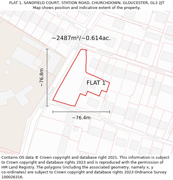 FLAT 1, SANDFIELD COURT, STATION ROAD, CHURCHDOWN, GLOUCESTER, GL3 2JT: Plot and title map