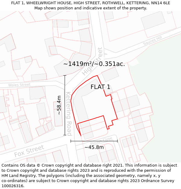 FLAT 1, WHEELWRIGHT HOUSE, HIGH STREET, ROTHWELL, KETTERING, NN14 6LE: Plot and title map
