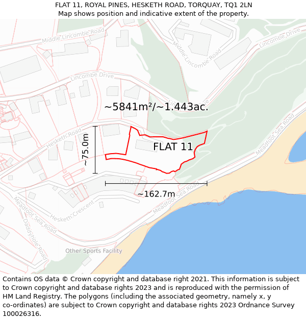 FLAT 11, ROYAL PINES, HESKETH ROAD, TORQUAY, TQ1 2LN: Plot and title map