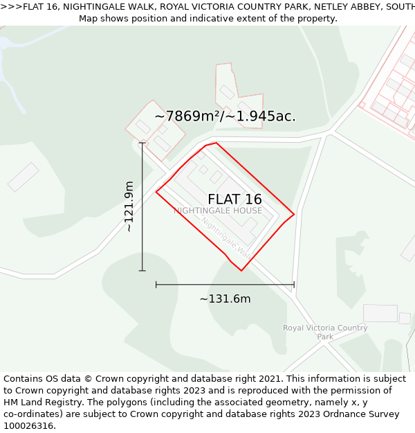 FLAT 16, NIGHTINGALE WALK, ROYAL VICTORIA COUNTRY PARK, NETLEY ABBEY, SOUTHAMPTON, SO31 5GA: Plot and title map