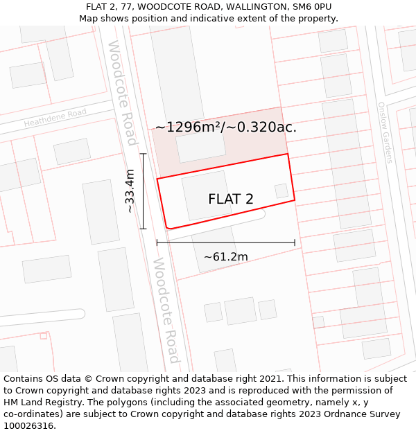 FLAT 2, 77, WOODCOTE ROAD, WALLINGTON, SM6 0PU: Plot and title map