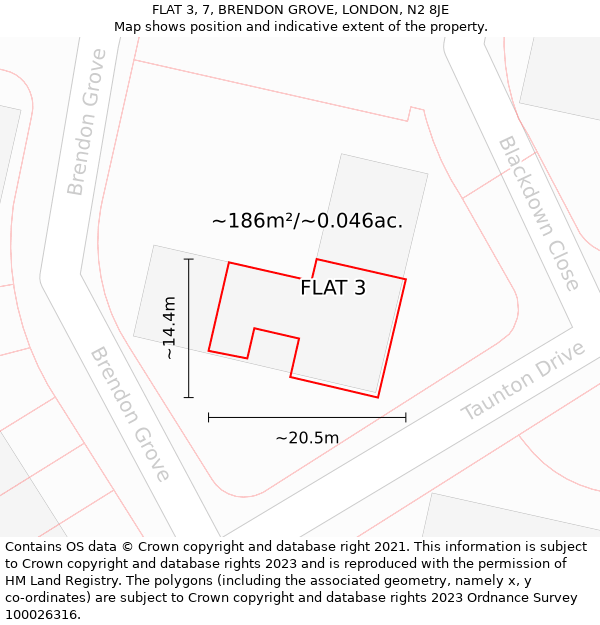 FLAT 3, 7, BRENDON GROVE, LONDON, N2 8JE: Plot and title map