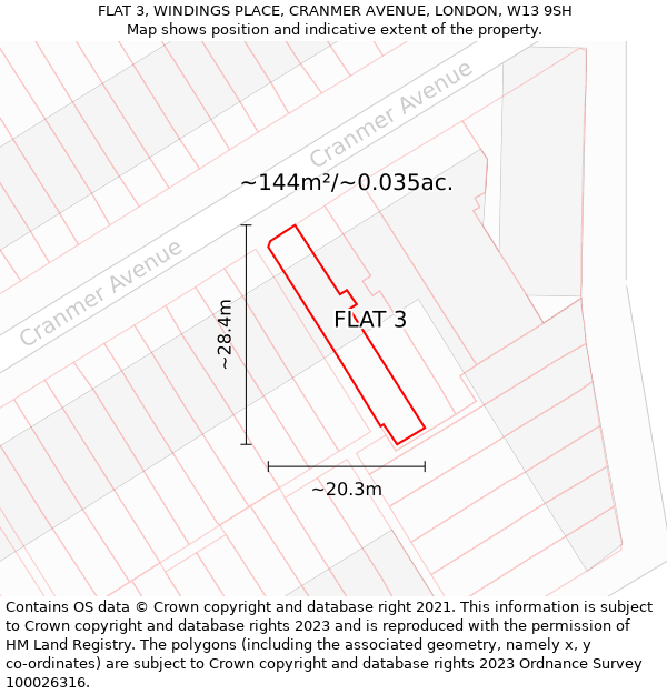 FLAT 3, WINDINGS PLACE, CRANMER AVENUE, LONDON, W13 9SH: Plot and title map