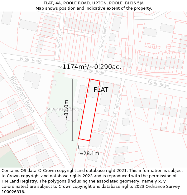 FLAT, 4A, POOLE ROAD, UPTON, POOLE, BH16 5JA: Plot and title map