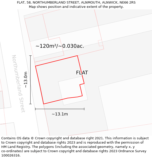 FLAT, 58, NORTHUMBERLAND STREET, ALNMOUTH, ALNWICK, NE66 2RS: Plot and title map