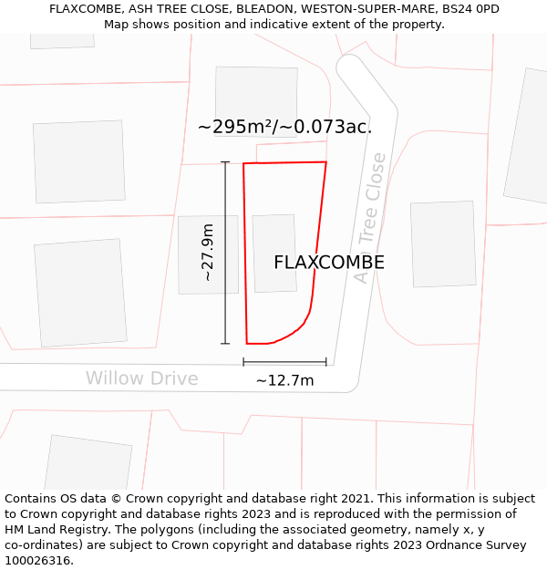 FLAXCOMBE, ASH TREE CLOSE, BLEADON, WESTON-SUPER-MARE, BS24 0PD: Plot and title map