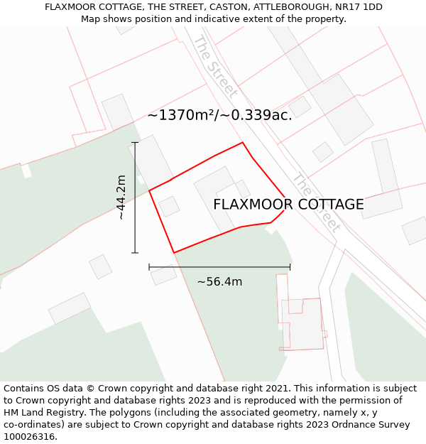 FLAXMOOR COTTAGE, THE STREET, CASTON, ATTLEBOROUGH, NR17 1DD: Plot and title map