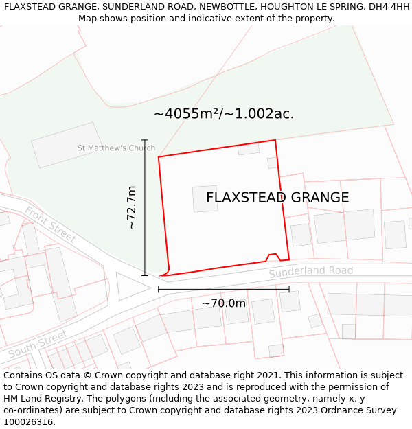 FLAXSTEAD GRANGE, SUNDERLAND ROAD, NEWBOTTLE, HOUGHTON LE SPRING, DH4 4HH: Plot and title map