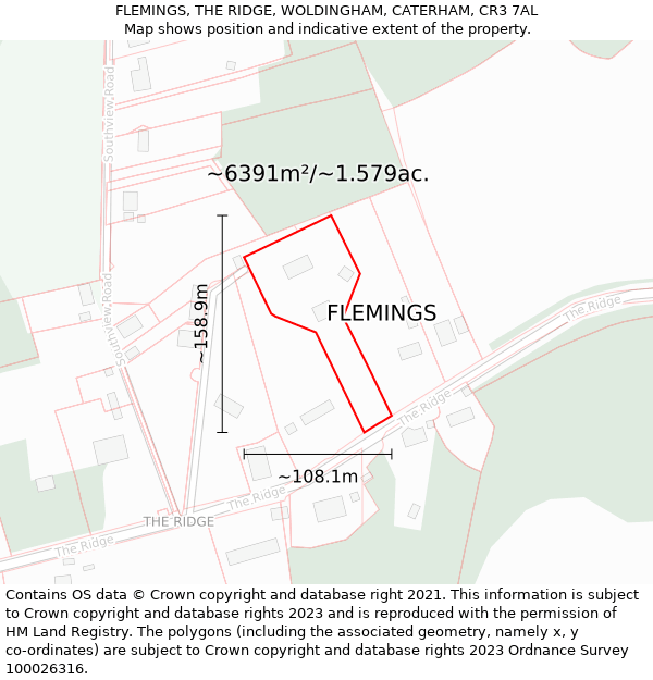 FLEMINGS, THE RIDGE, WOLDINGHAM, CATERHAM, CR3 7AL: Plot and title map