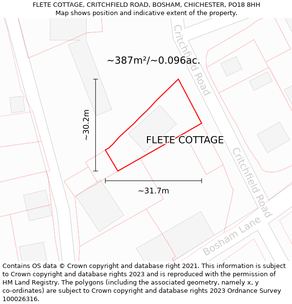 FLETE COTTAGE, CRITCHFIELD ROAD, BOSHAM, CHICHESTER, PO18 8HH: Plot and title map