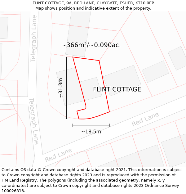 FLINT COTTAGE, 9A, RED LANE, CLAYGATE, ESHER, KT10 0EP: Plot and title map