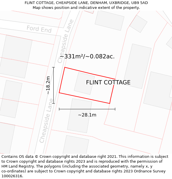 FLINT COTTAGE, CHEAPSIDE LANE, DENHAM, UXBRIDGE, UB9 5AD: Plot and title map