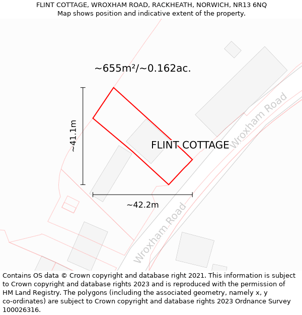 FLINT COTTAGE, WROXHAM ROAD, RACKHEATH, NORWICH, NR13 6NQ: Plot and title map