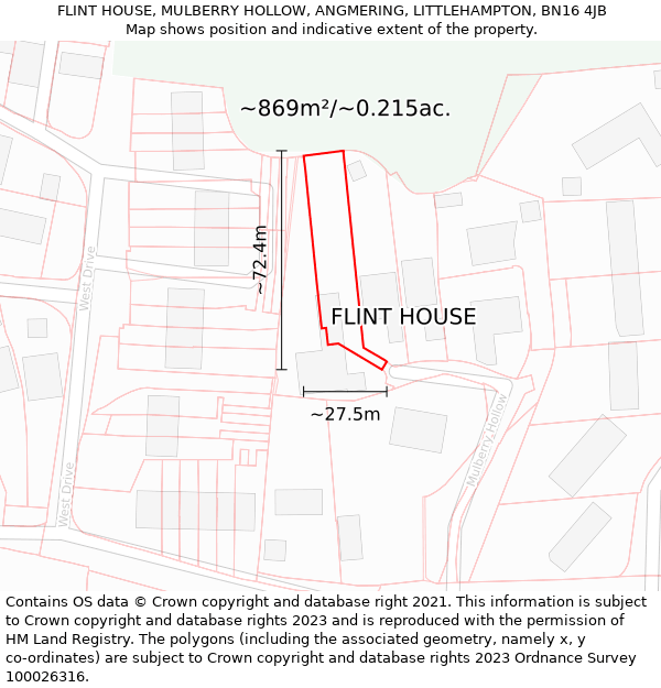 FLINT HOUSE, MULBERRY HOLLOW, ANGMERING, LITTLEHAMPTON, BN16 4JB: Plot and title map