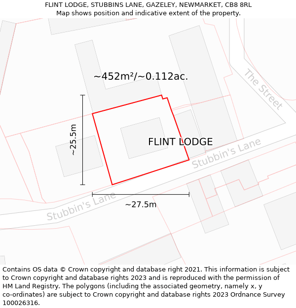 FLINT LODGE, STUBBINS LANE, GAZELEY, NEWMARKET, CB8 8RL: Plot and title map