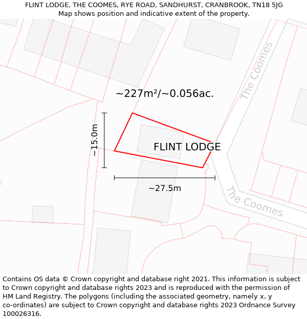 FLINT LODGE, THE COOMES, RYE ROAD, SANDHURST, CRANBROOK, TN18 5JG: Plot and title map