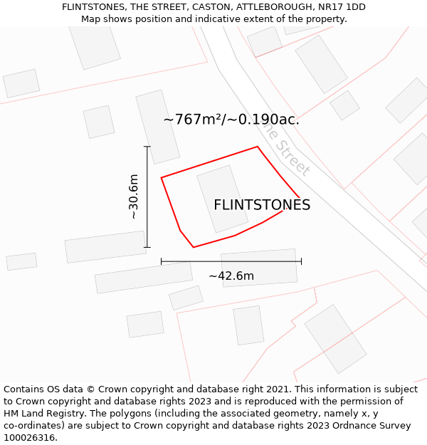 FLINTSTONES, THE STREET, CASTON, ATTLEBOROUGH, NR17 1DD: Plot and title map