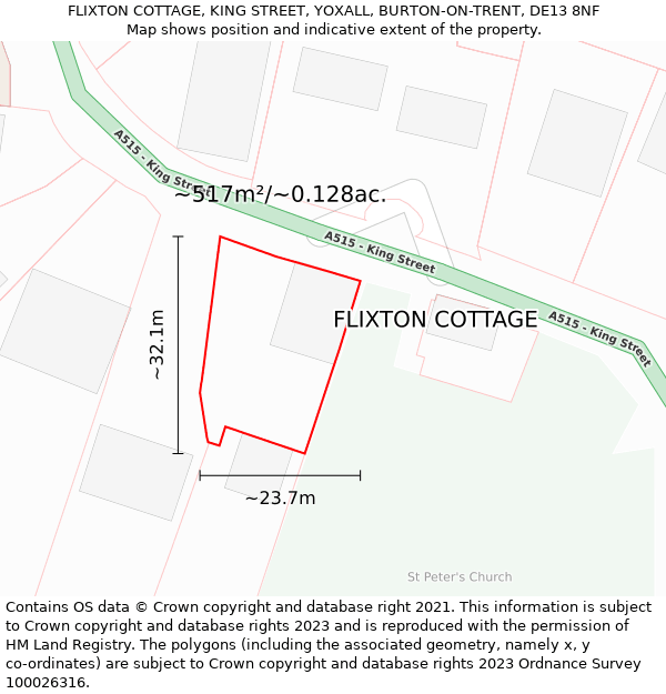 FLIXTON COTTAGE, KING STREET, YOXALL, BURTON-ON-TRENT, DE13 8NF: Plot and title map
