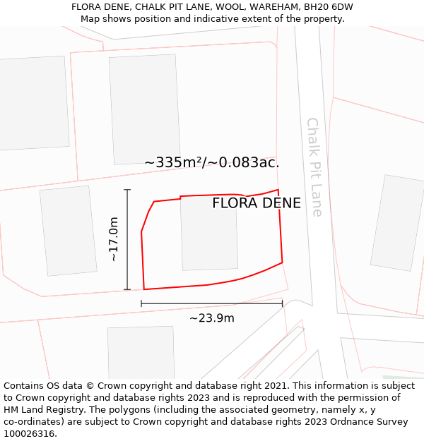 FLORA DENE, CHALK PIT LANE, WOOL, WAREHAM, BH20 6DW: Plot and title map