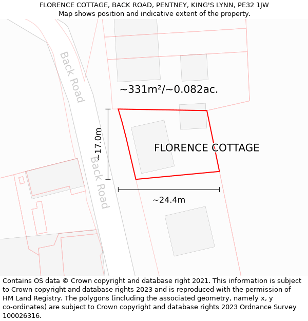 FLORENCE COTTAGE, BACK ROAD, PENTNEY, KING'S LYNN, PE32 1JW: Plot and title map