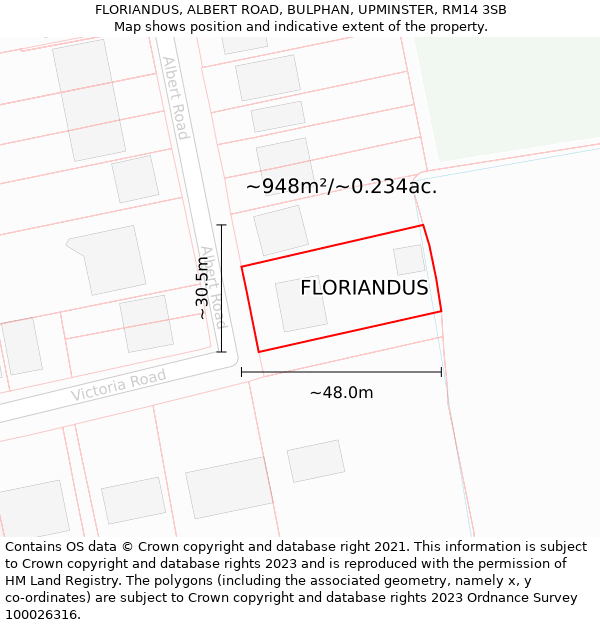 FLORIANDUS, ALBERT ROAD, BULPHAN, UPMINSTER, RM14 3SB: Plot and title map