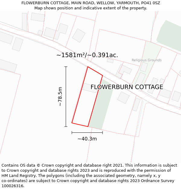 FLOWERBURN COTTAGE, MAIN ROAD, WELLOW, YARMOUTH, PO41 0SZ: Plot and title map