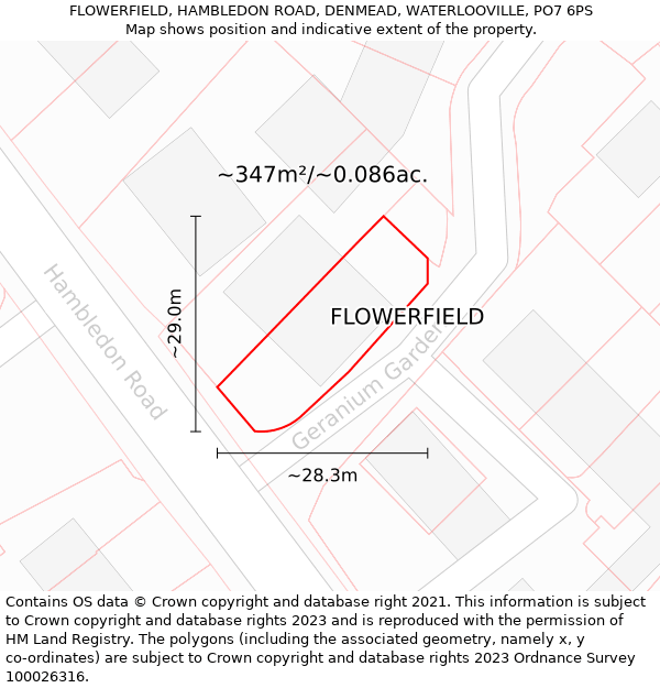 FLOWERFIELD, HAMBLEDON ROAD, DENMEAD, WATERLOOVILLE, PO7 6PS: Plot and title map