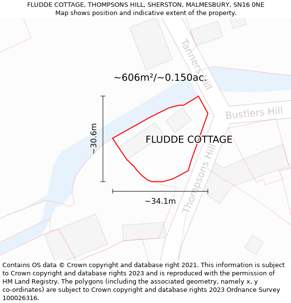 FLUDDE COTTAGE, THOMPSONS HILL, SHERSTON, MALMESBURY, SN16 0NE: Plot and title map